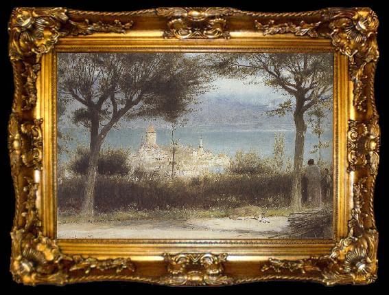 framed  Albert goodwin,r.w.s The Town of Spiez on Lake Thun,Switzerland (mk37), ta009-2